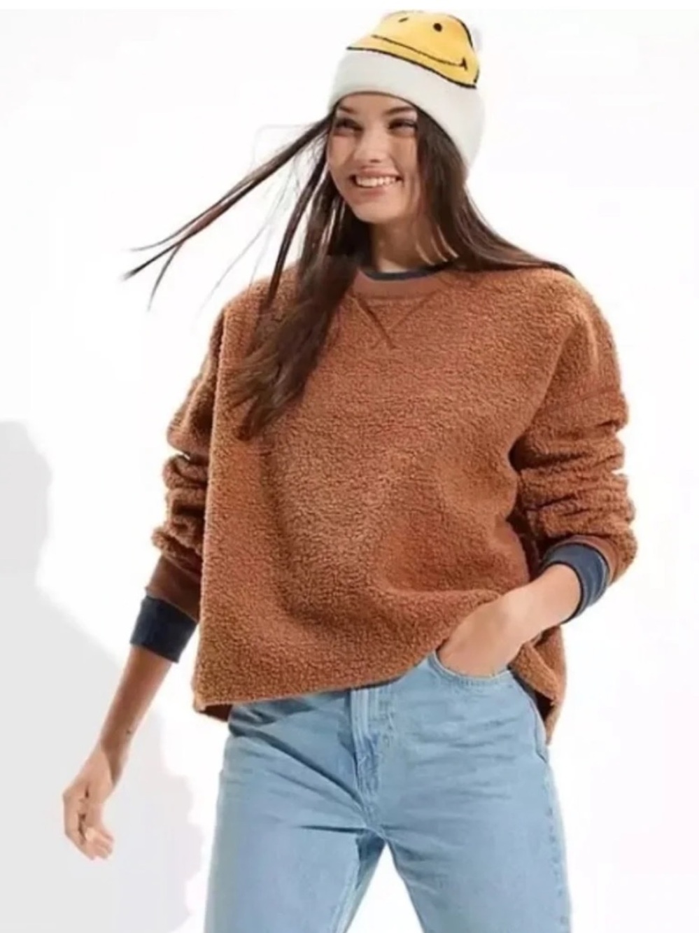 American Eagle Brown Sherpa teddy crewneck